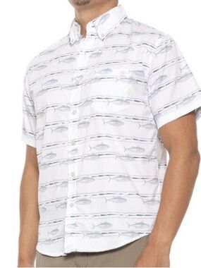 Huk UPF Sun Protection Button-Down Shirt with Light Gray Fish Stripe